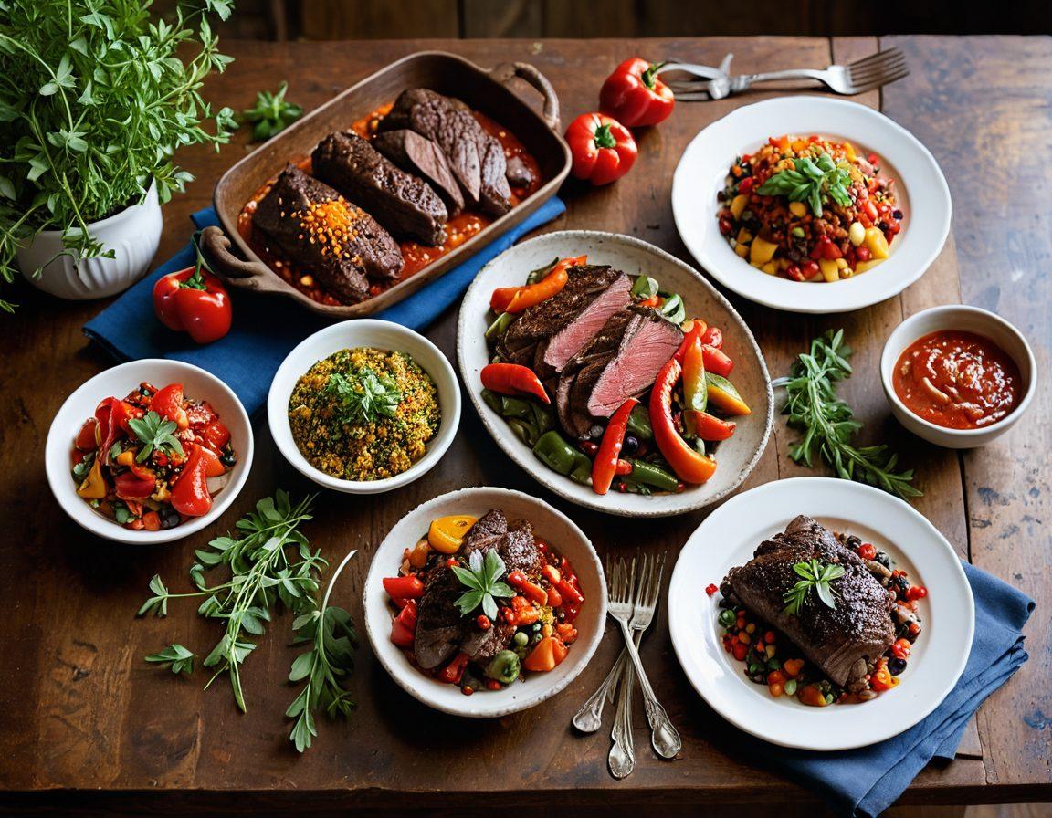A beautifully arranged table showcasing a variety of gourmet American pepper dishes, featuring vibrant dishes like spicy stuffed peppers, pepper-crusted steak, and colorful pepper salsas. The background should have a rustic kitchen setting with herbs and spices, soft natural lighting highlighting the textures of the food. Add a hint of flames to evoke the spicy theme. super-realistic. vibrant colors. rustic aesthetic.