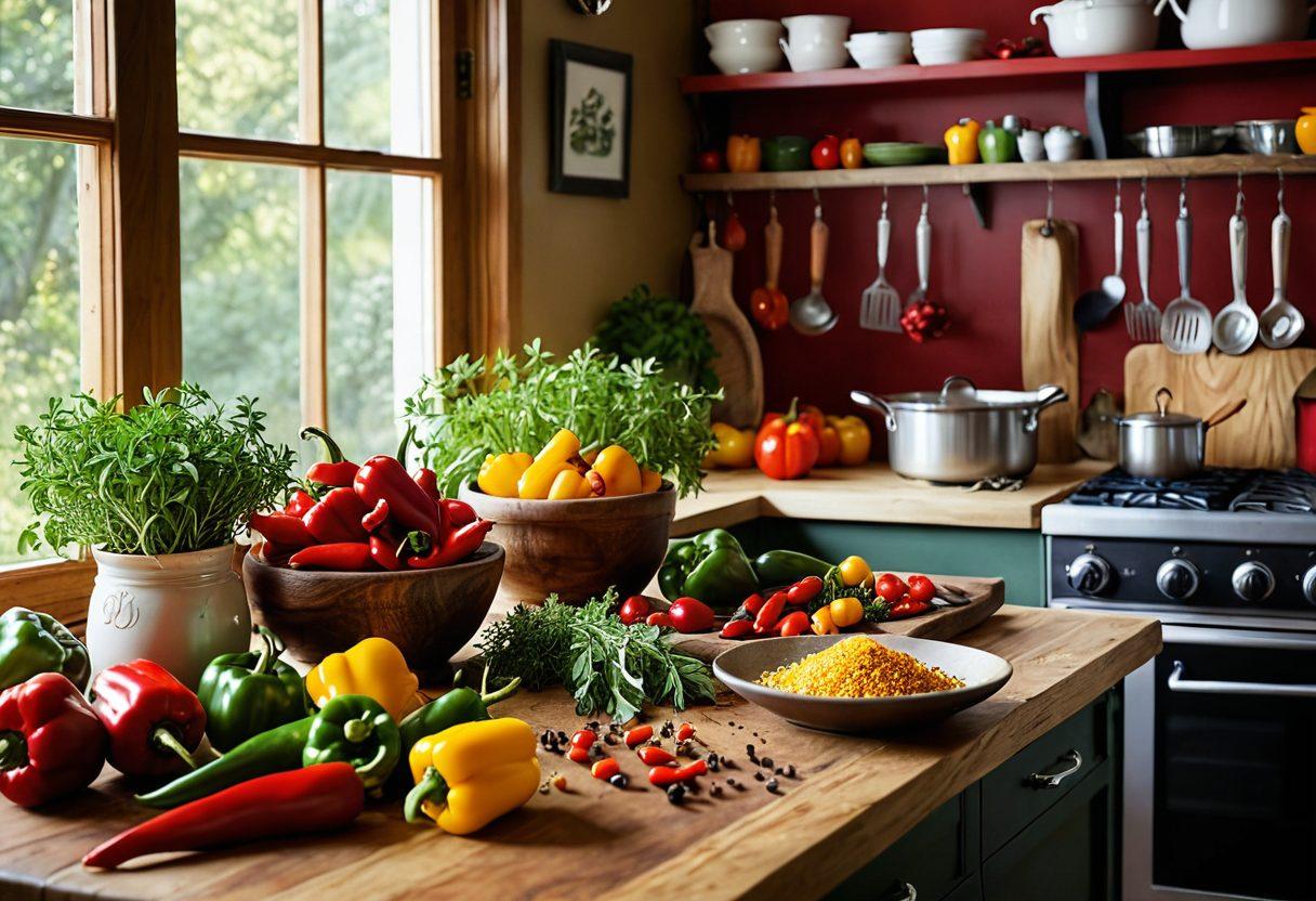A cozy kitchen setting with a wooden table set for cooking, featuring various types of peppers in vibrant colors, a chef’s hand sprinkling pepper over a dish, fresh herbs and spices scattered around, and a golden light filtering through a window. super-realistic. vibrant colors. warm tones.