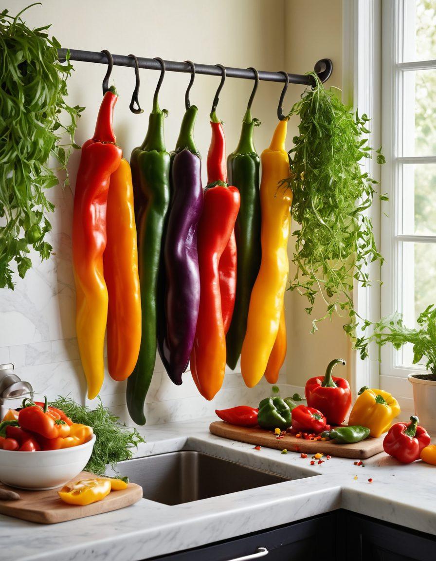 A vibrant kitchen scene filled with various colorful peppers - red, yellow, green, and purple - artfully arranged around gourmet dishes, showcasing a variety of creative pepper recipes. Include a chef's apron hanging on a hook, kitchen utensils, and fresh herbs in the background to convey a lively cooking atmosphere. Highlight the textures and colors of the peppers to evoke a sense of freshness and creativity. super-realistic. vibrant colors. warm lighting.